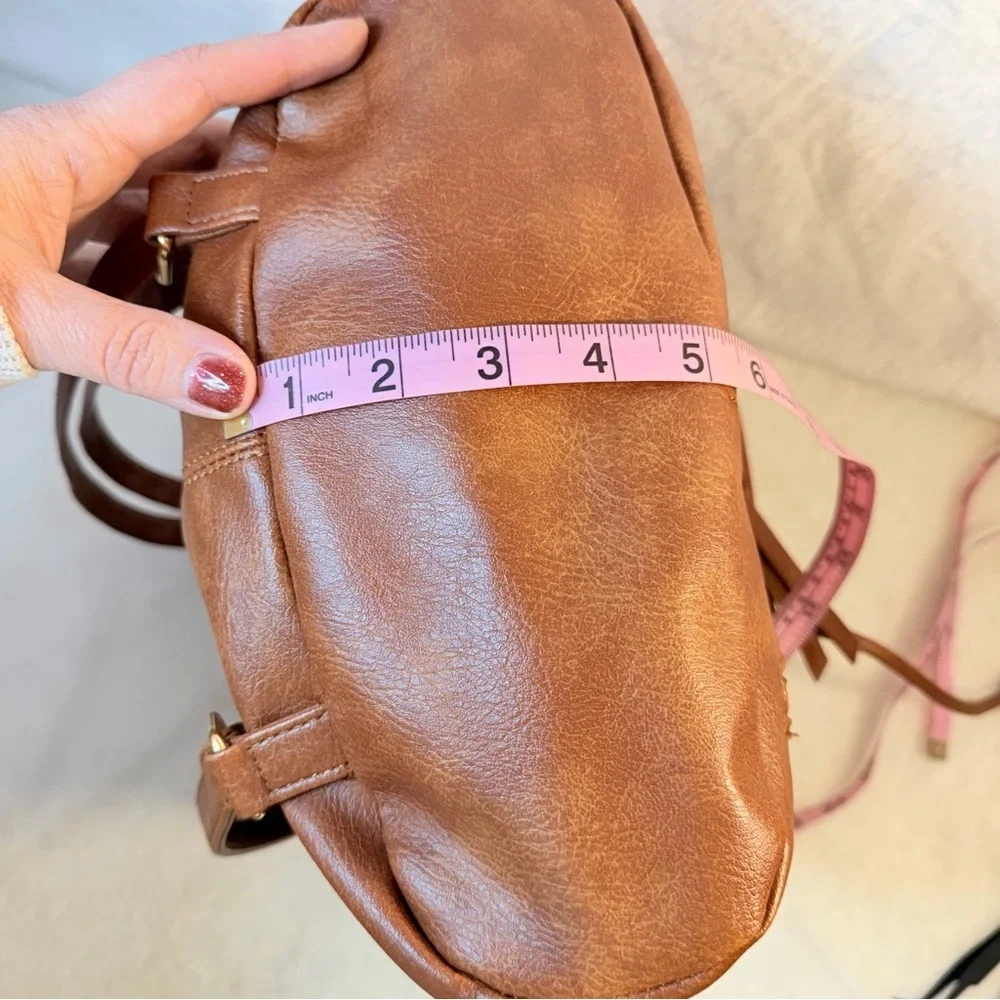Under One Sky Brown Vegan Leather BOHO‎ Backpack Sherpa Trim Matching Coin Purse
